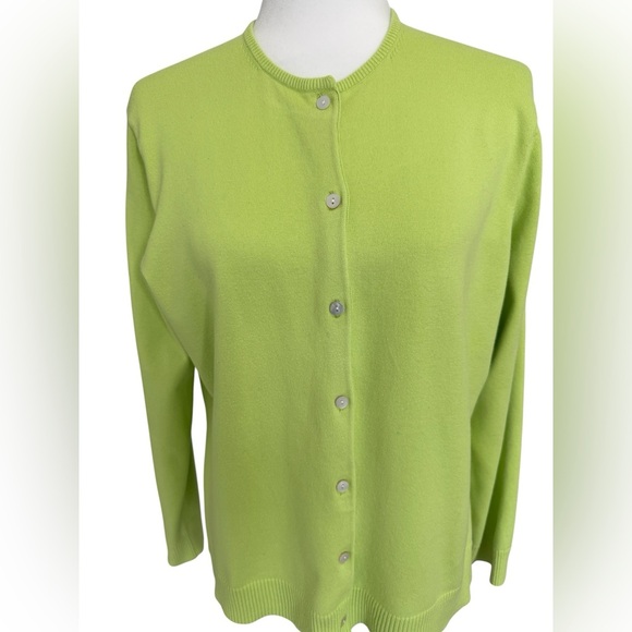 Lands’ End W’s Bright Green Supima Cotton Blend Cardigan Sweater L Button Front - Picture 2 of 8